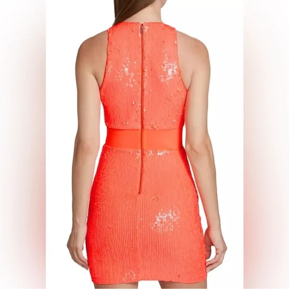 Alice + Olivia Cara Orange Sequined Mesh Sleeveless Mini Dress Size 2 - Picture 4 of 16